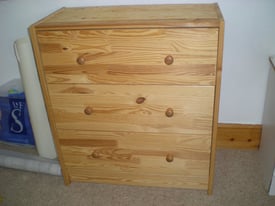 Ikea wooden 3 drawer chest. Size is 620mm wide x 305mm deep and 695mm high.