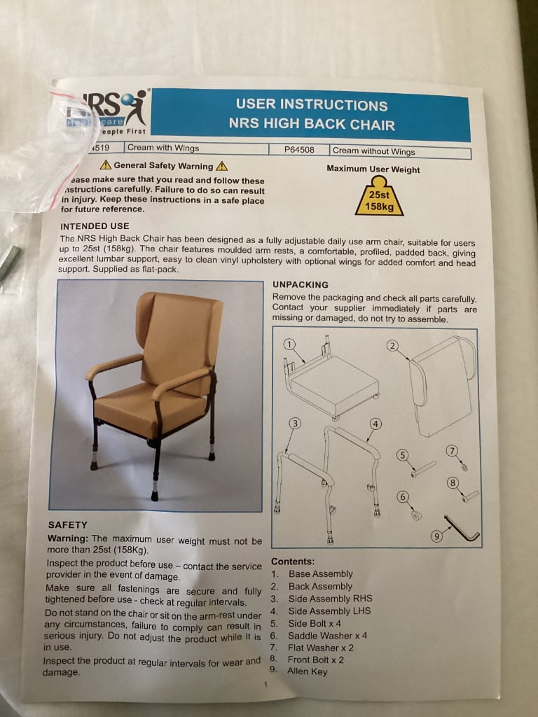 NRS High Back, adjustable height Chair, as new.