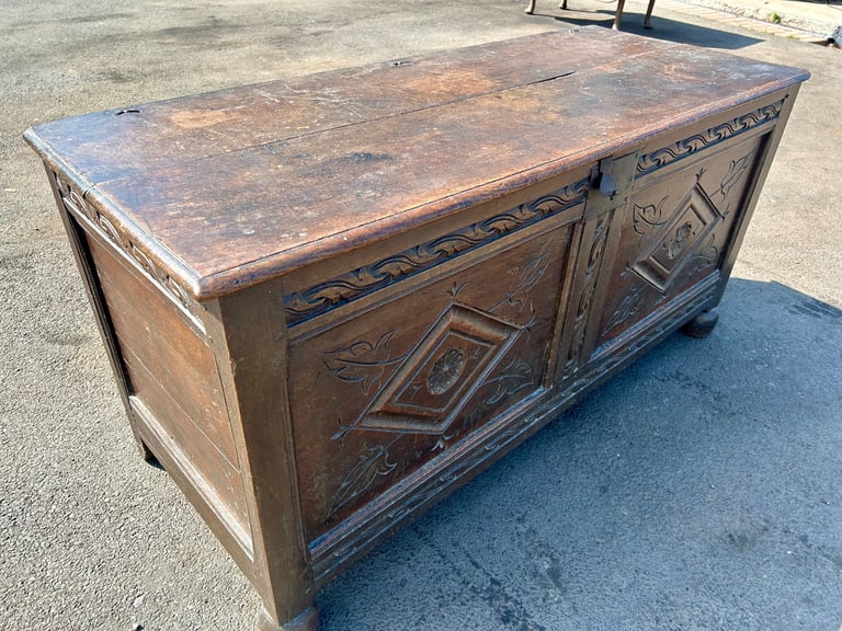 image for Large Antique Oak Coffer – Carved Panel Front, Bun Feet