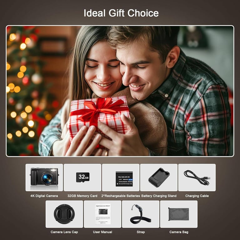 Digital Camera 4K Autofocus Digital Zoom Photo 3 Inch 180° Flip LCD Scree for Beginners Children