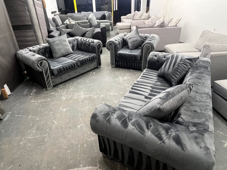 Absolutely stunning Grey French Velvet Chesterfield Set Silver Gems on arms-Can Deliver