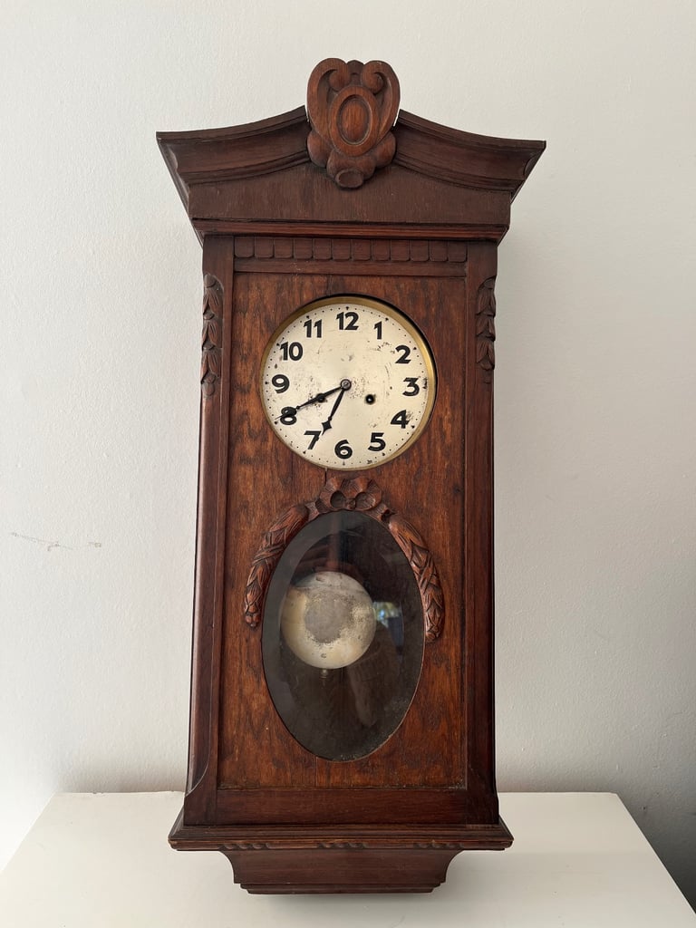 image for Heavy Antique Continental Art Nouveau Oak Encased Wall Clock/ complete with key