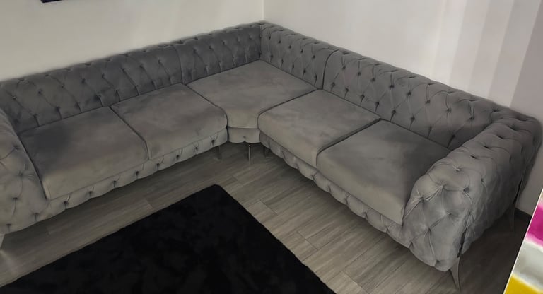 image for Corner grey chesterfield sofa