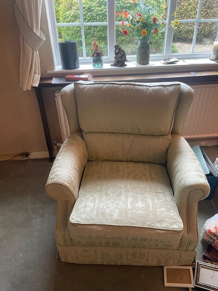 Three seat sofa, two armchairs and one footstool
