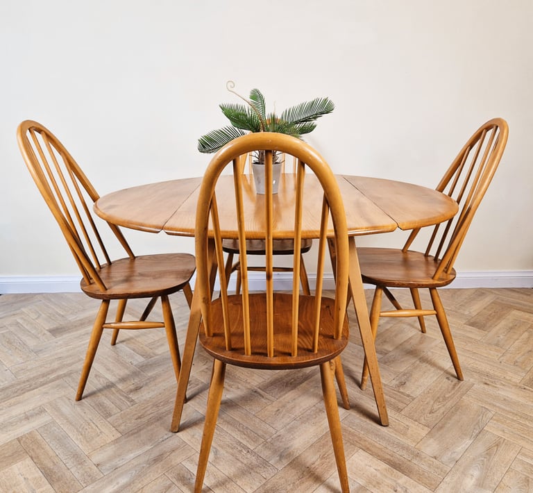 image for Ercol Windsor Mid Century Solid Elm Danish Design Drop Leaf Table & Chair Set BL686