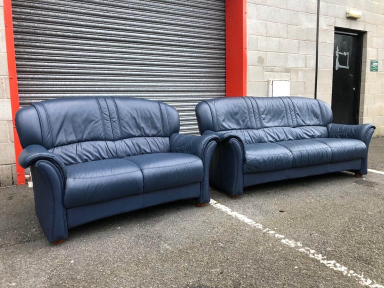 Blue Italian Leather 2 and 3 Seater Sofas 