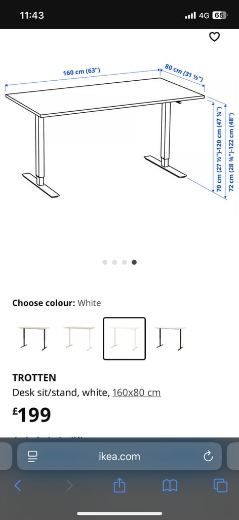 IKEA adjustable height  TROTTEN Desk sit/stand, white, 160x80 cm
