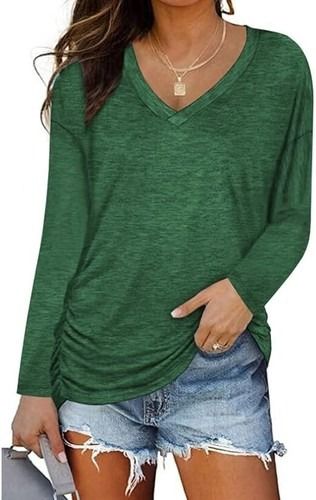 Green Marl V-Neck Long Sleeve Comfort Fit Top T-Shirt with Side Ruching. Size 16. POST OR COLLECT!