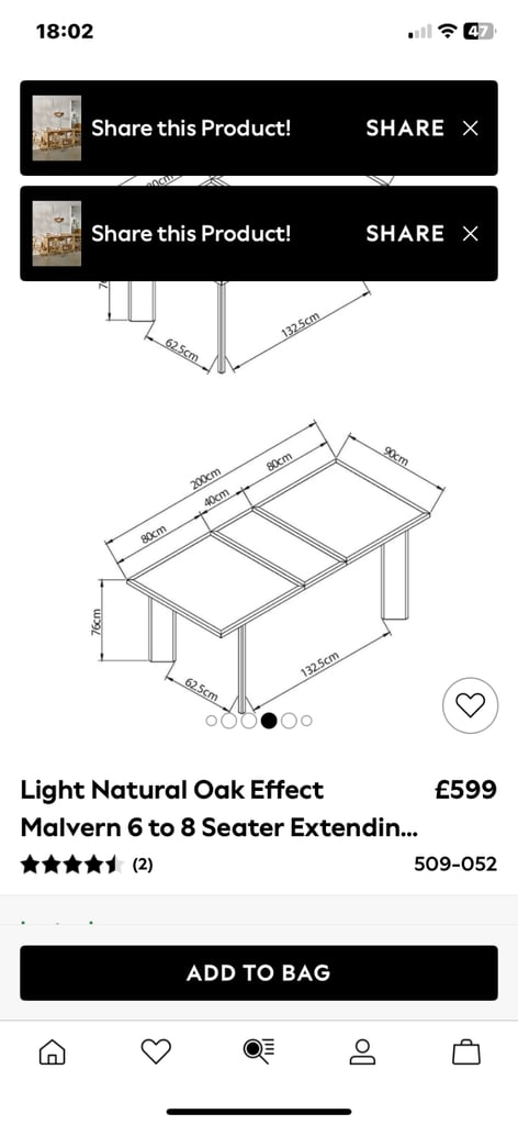 NEXT MALVERN OAK EFFECT 6/8 EXTENDING DINNING TABLE ( 2 MONTHS OLD ) 