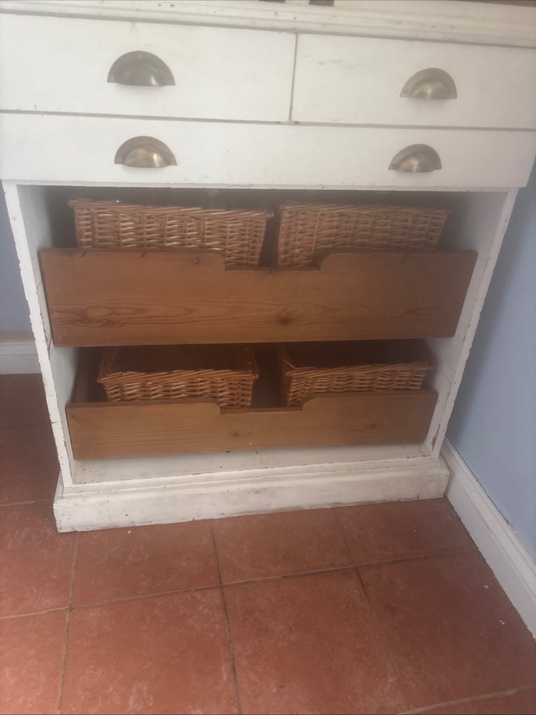 Hand built pine larder cupboard with marble shelf and basket drawers