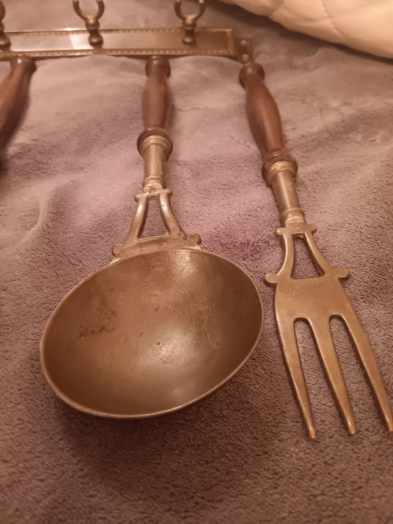 Antique Brass & Wood Kitchen utensils 