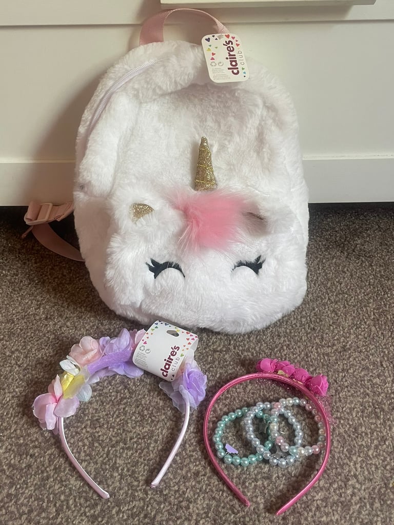 NEW Claire's Club Furry Unicorn Small Backpack - White