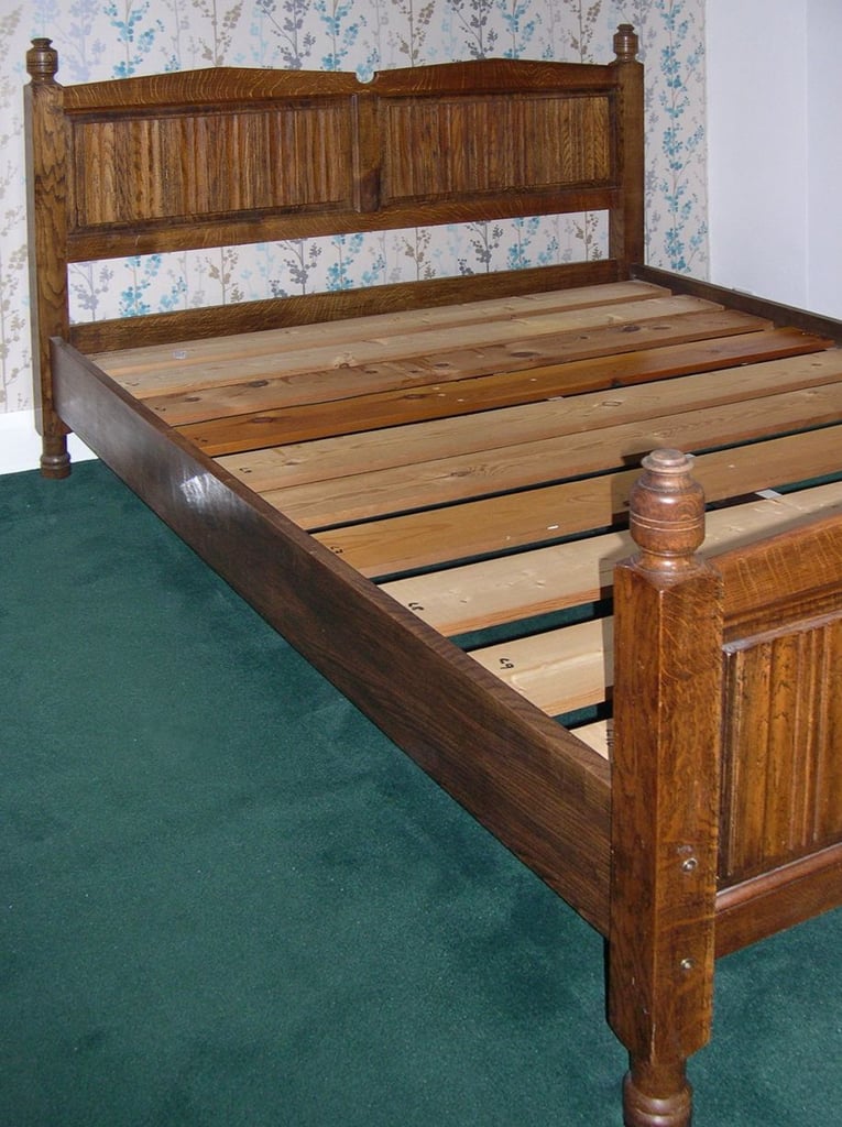 image for Reproduction Solid English Oak Kingsize Bed & Solid Oak Half Tester Bed Canopy