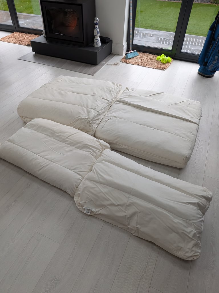 ONO..Stunning superior corner sofa, light blue quality feather filled and foam sofa