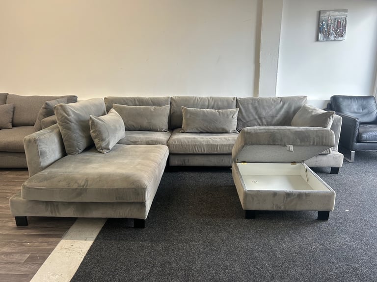 Grey velvet DFS “Lugano” L shape corner sofa with footstool (Can deliver!)