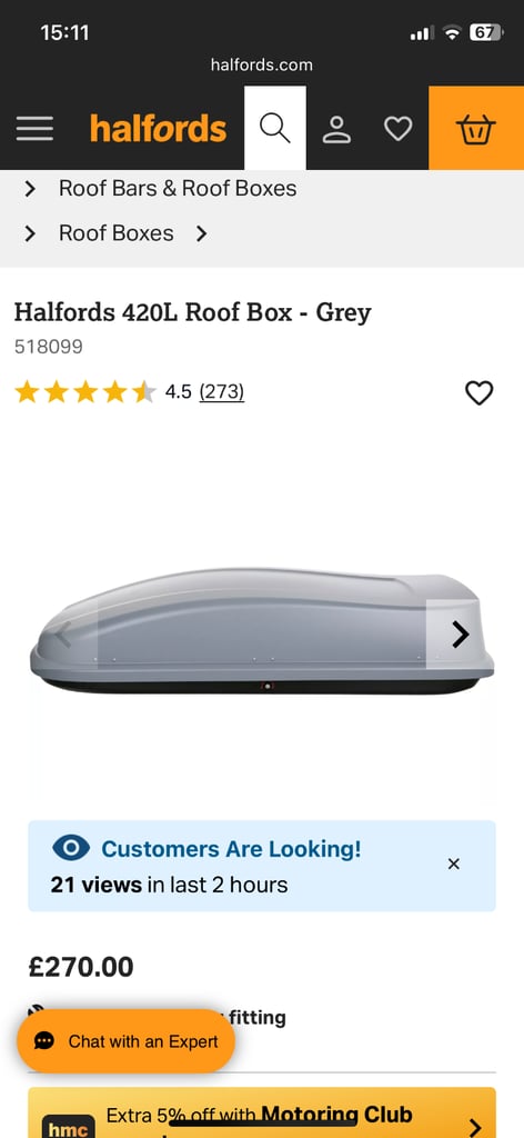 Halfords roof box 420ltr and Thule Roof bars 