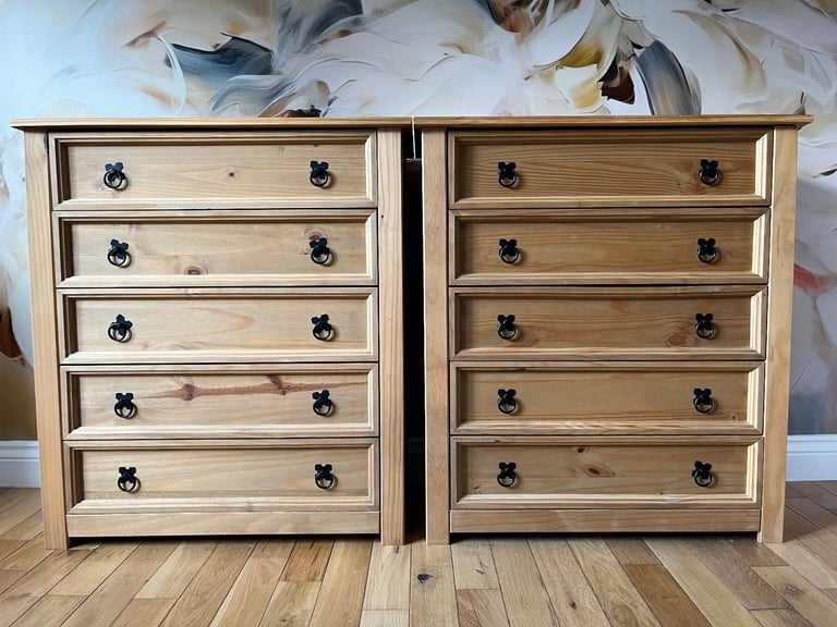 Two Corona 5 Drawer Chest Rustic Distressed Waxed Pine Storage Bedroom Furniture