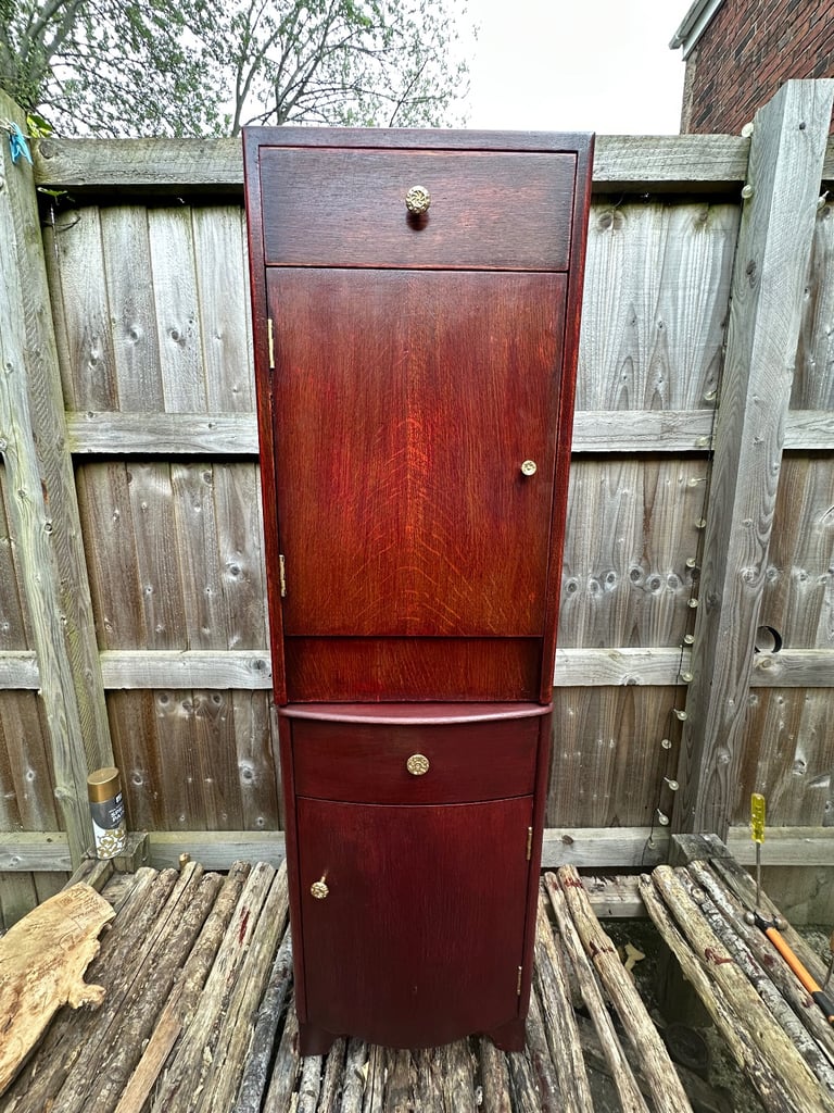 image for Vintage 1960’s restored bedside tables mahogany red stained, gold handled and hinges. 