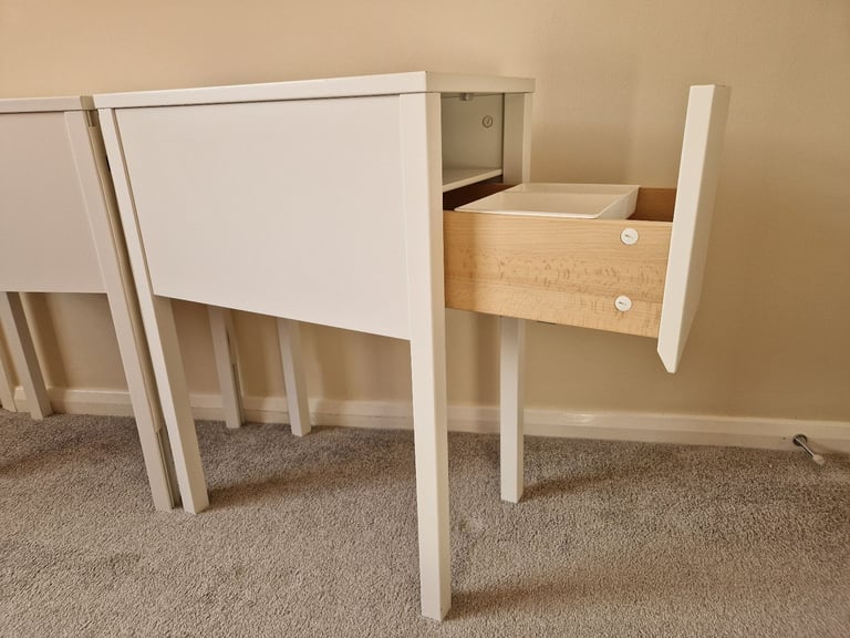 Pair of IKEA Nordli slim white bedside tables with deep drawer