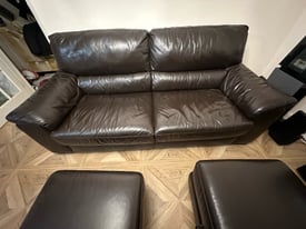 Two 3 seater leather Sofa and 2 storage footstool