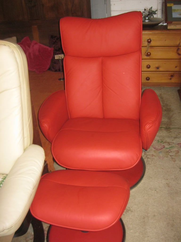 QUALITY RED LEATHER HIGHBACK SWIVEL CHAIR & STOOL. VERY COMFY. DELIVERY AVAILABLE