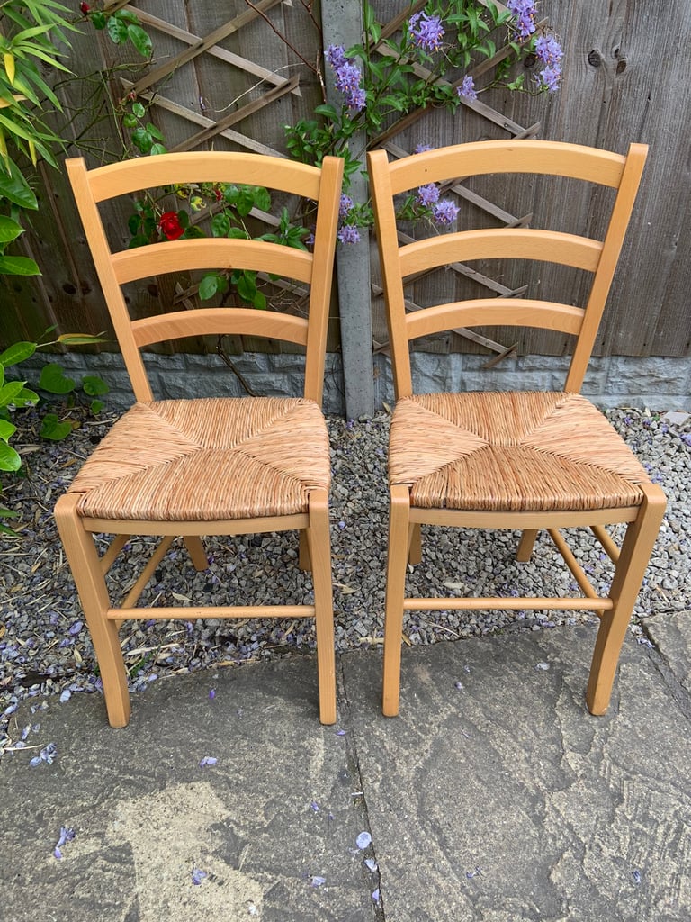 Solid Beech Rush Seat Ladder Back Chairs x 2