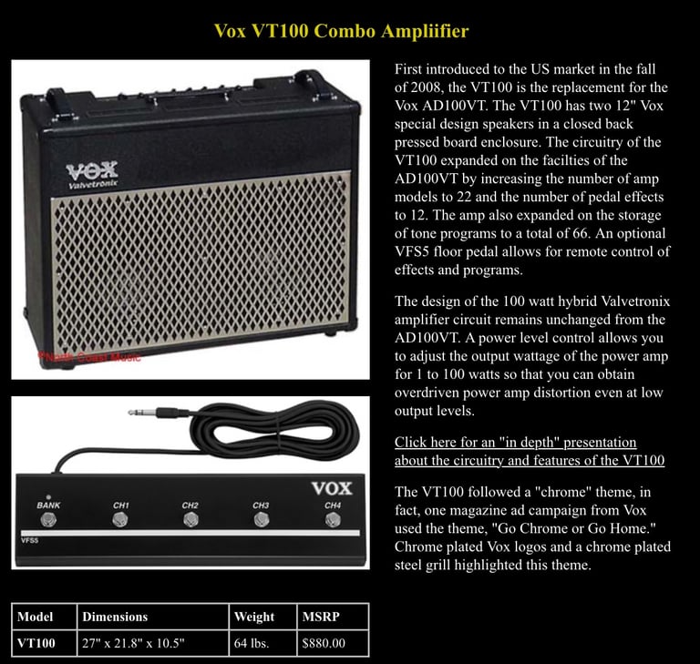 Vox VT100 Amp with 22 Amp Emulations built in