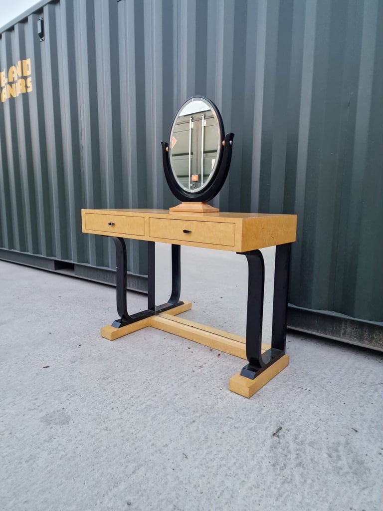 Art Deco Style Maple Console Dressing Table With Freestanding Mirror