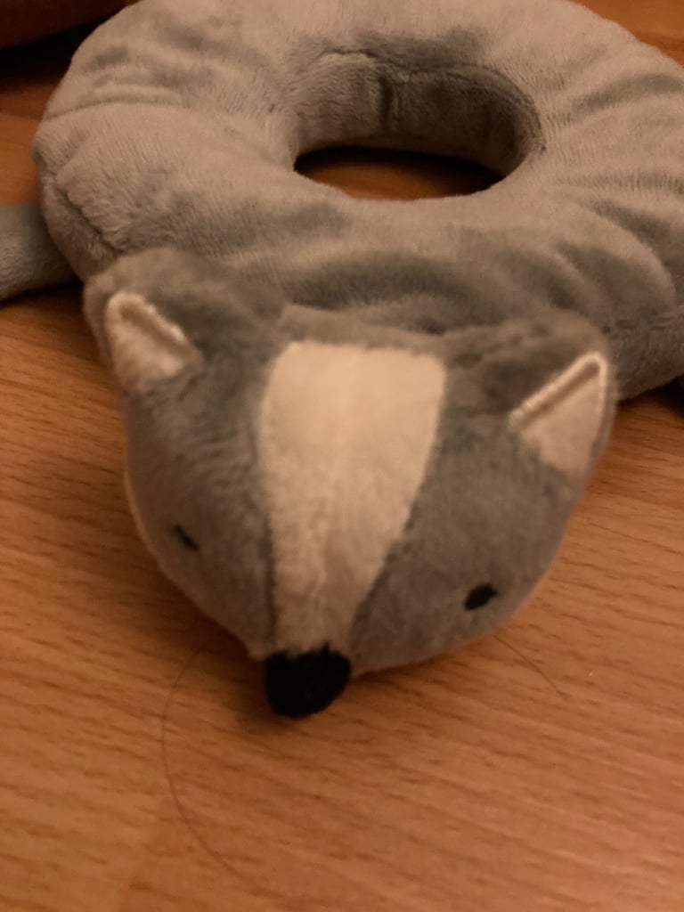 Selection of soft toys inc Peter rabbit bunny, giraffe, Winnie the Pooh and animal stacking ring