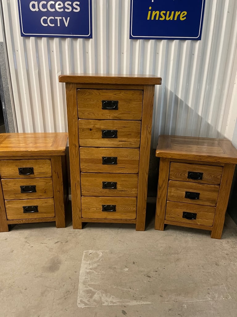 image for Solid oak tall boy  and bedside cabinets from Oak Furniture Land great condition