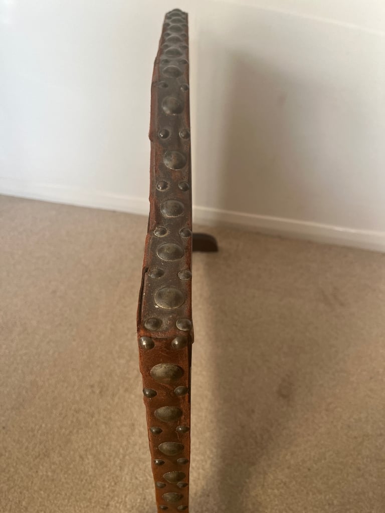 Arts and Crafts Oak and Woven Studded Leather Fire Screen. 