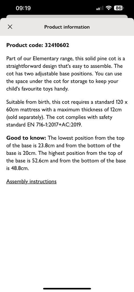 John Lewis Cot Bed and mattress - almost brand new 120 x 60cm