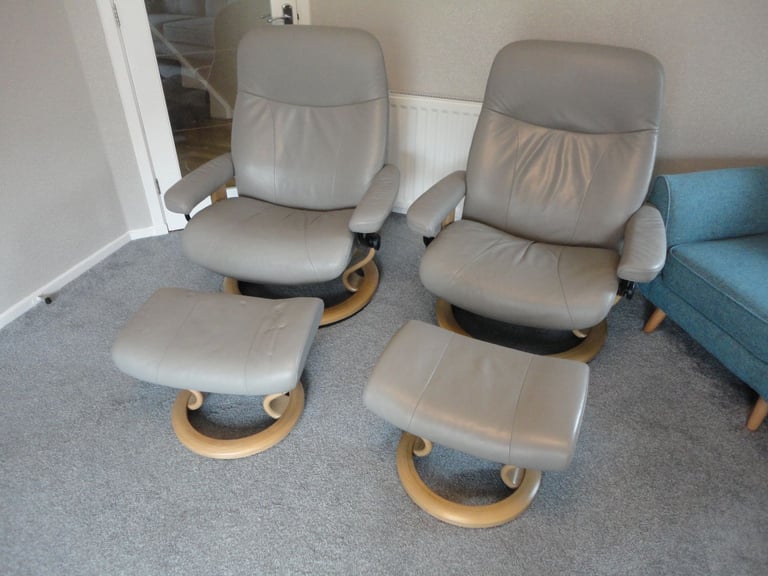Quality ekornes leather stressless swivel recliners x 2 with footstools as pictures, £500 EACH chair