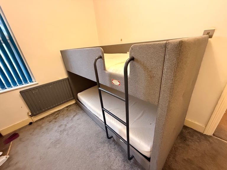 Grey Upholstered Bunk Bed with Mattresses – Quick Sale