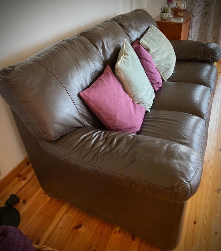 image for Large brown real leather sofa
