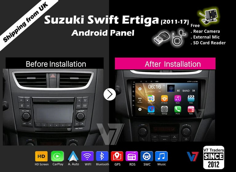 Swift Ertiga 2011-17 CARPLAY Android Auto HD Screen Head Unit GPS Stereo LCD Panel V7