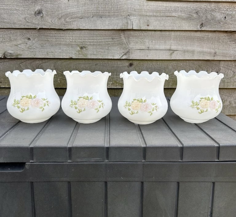 Set of 4 vintage milk white glass floral print lampshades with a scalloped edge
