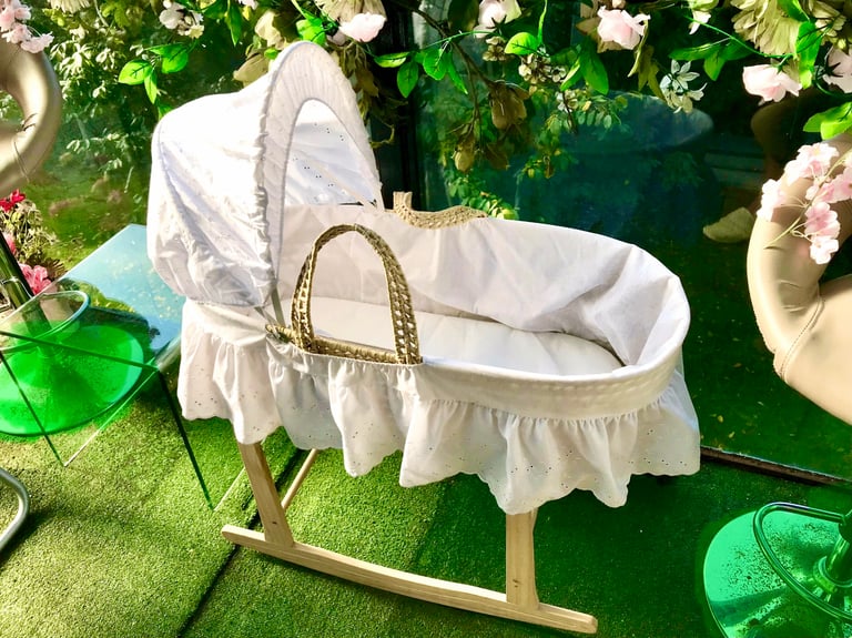 image for Moses basket with mattress hood, frills and wooden stand, quite old , used as storage