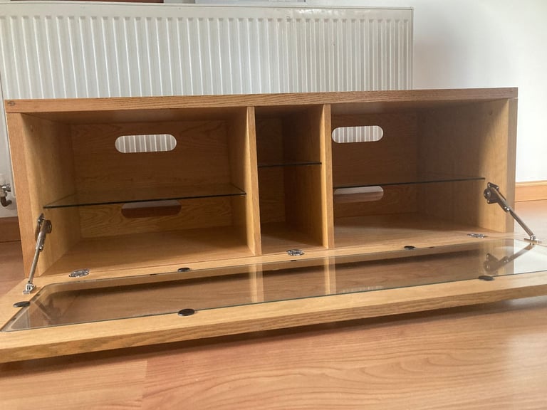 Pine TV stand with shelves, storage and glass fronted door