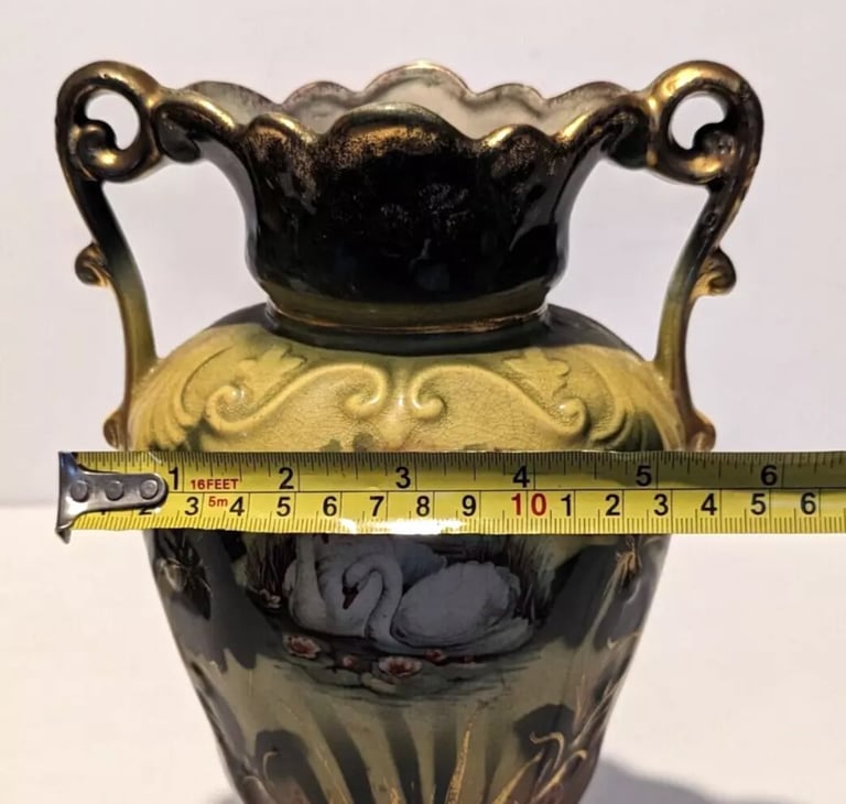 Antique Pair Of Victorian Ornate Mantle Vases - Swan / Swans Scene