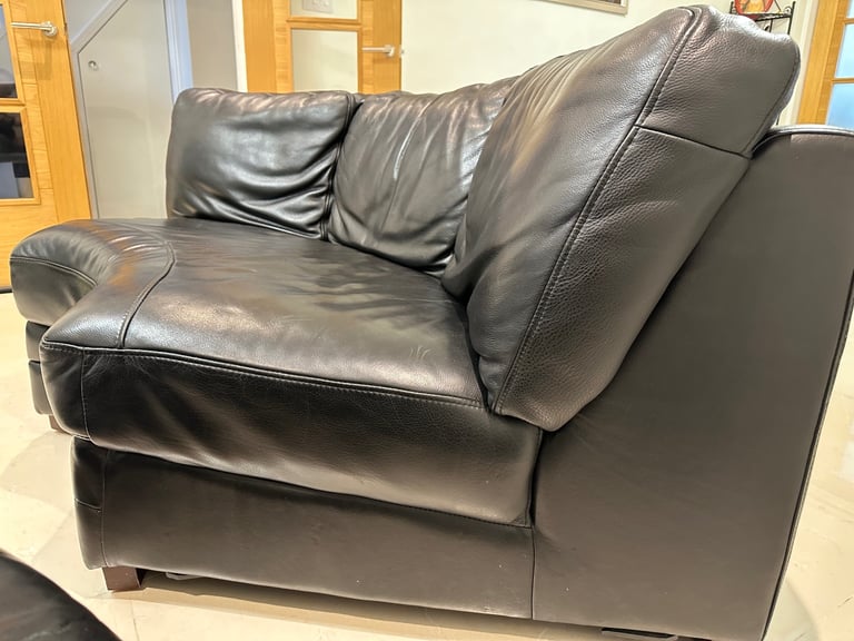 BLACK LEATHER SOFAS + FOOTSTOOL
