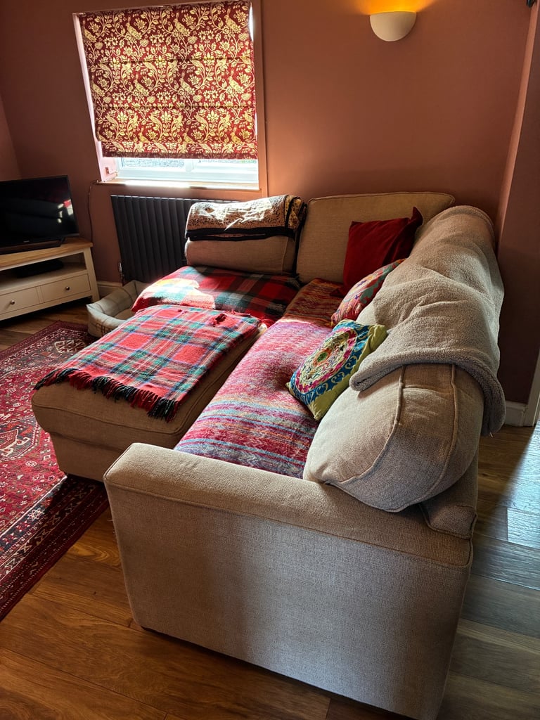image for SCS L-Shaped Sofa Bed with Large Pouffe – Beige – Excellent Bed Mechanism – Stroud (GL10)