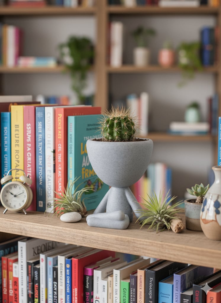 image for Eco-Friendly Marble Grey Succulent Pot | Unique Sitting People Plant Pot for Desk & Home Decor