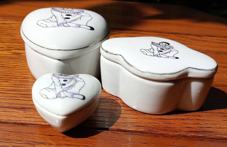3 Vintage Pierrot Trinket Boxes