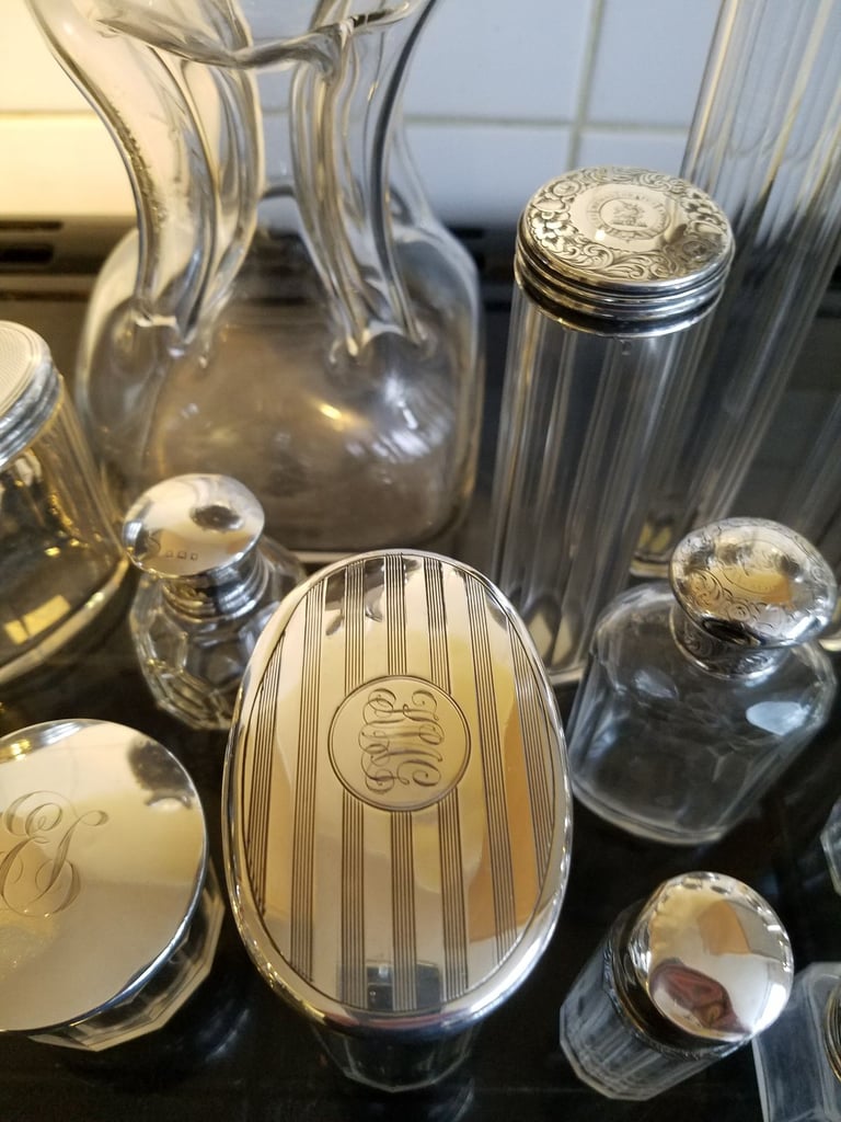 Antique Vanity Jars With Sterling Silver Lids.