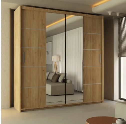 Brand New - Lisbon Mirror Sliding Door Wardrobe - Oak - SAME/NEXT DAY DELIVERY