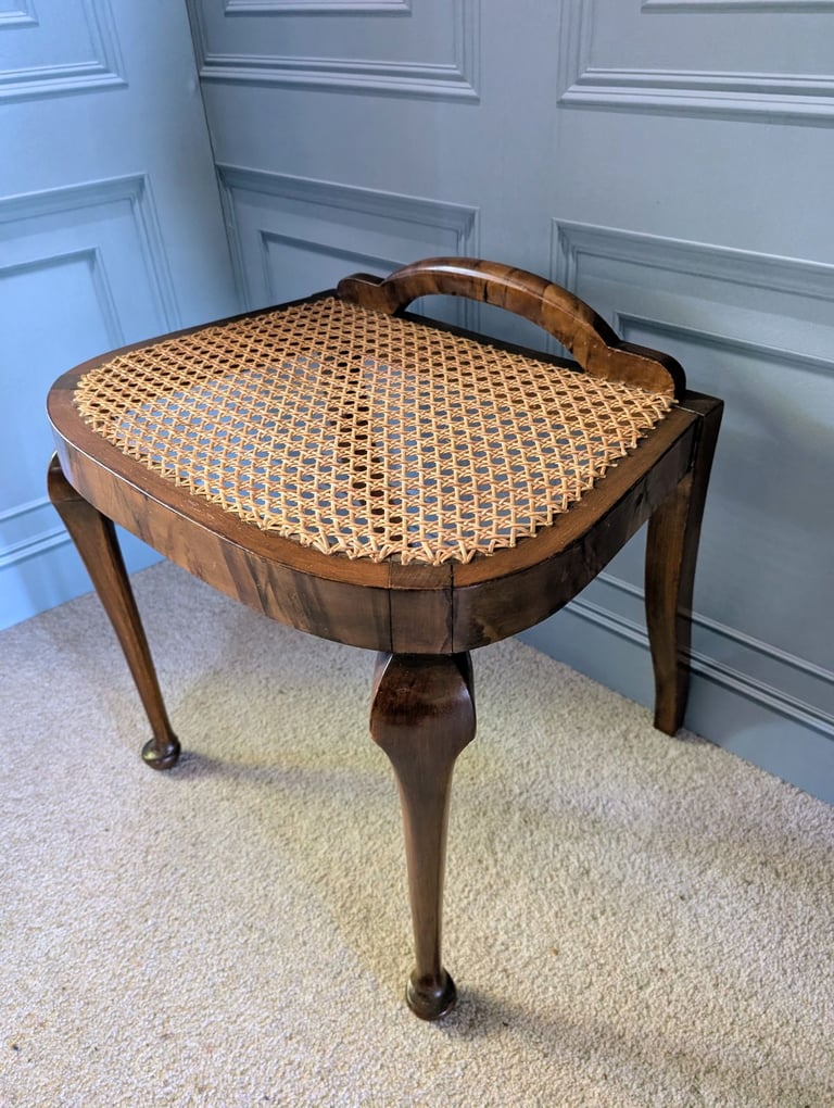 image for Art deco burr walnut veneer dressing table stool with cane seat 