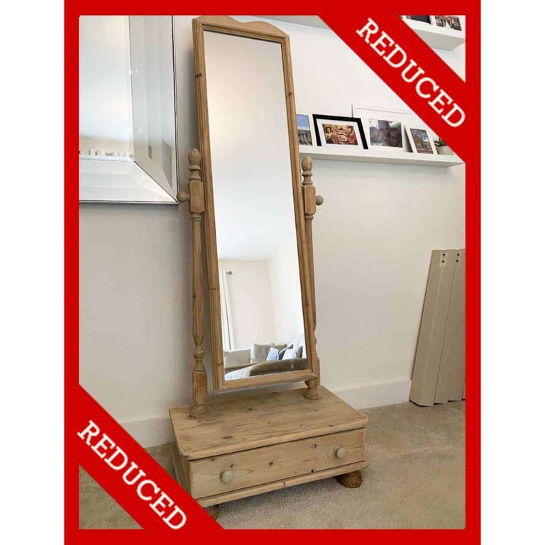 Full Length Dressing Room Cheval Mirror Antique Pine Wood Tall Wall Hall Bedroom Drawer RRP £395 