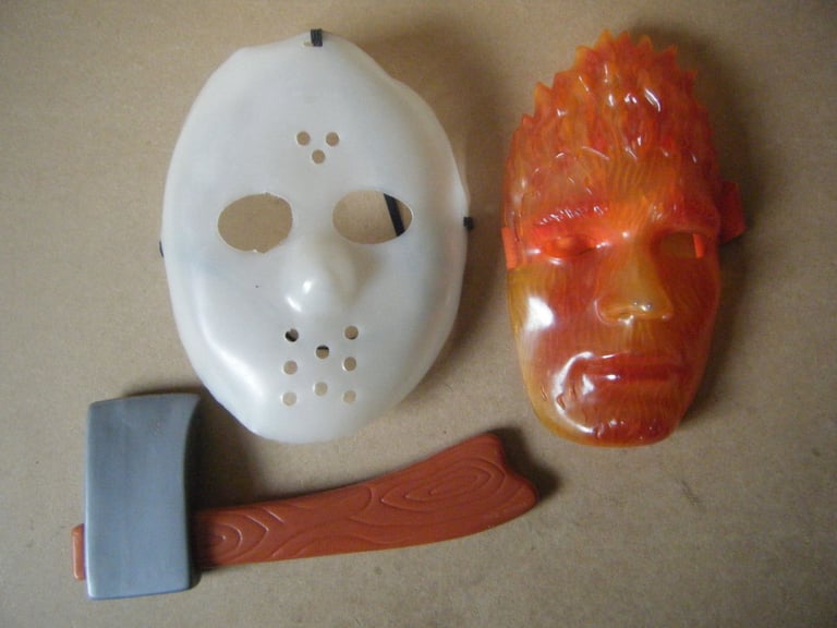 image for (2 PLASTIC HORROR MASKS & AXE) Ideal for Halloween. Excellent condition.