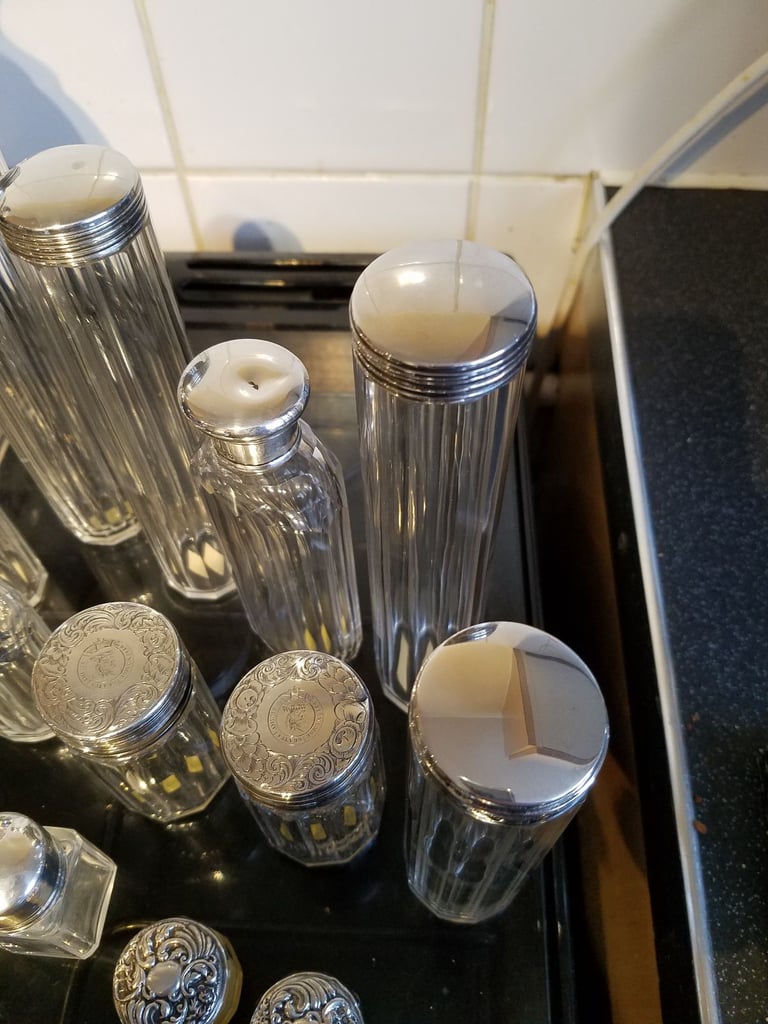 Antique Vanity Jars With Sterling Silver Lids.
